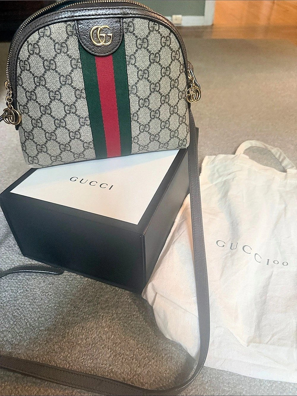 Gucci Ophidia GG Supreme Small Rounded Top Shoulder Bag Brown & Green